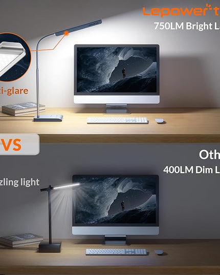 LED Desk Lamp, 12W Reading Desk Lamp for Office Home with 60 Lighting Modes, Touch Control & Timer Function, 750LM Bright Eye-Caring Gooseneck Desk Light Table Lamp for Study, Work, Silver - LeafyLoom