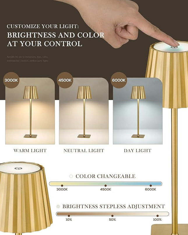 Cordless LED Desk Lamps, Table Lamp with Polisehd Gold Finish, 3 Colors Stepless Dimming, Touch Control 5200mAh Battery Operated for Home Office Restaurant Bedroom Bars (2 Pack), TL02BG-2PK - LeafyLoom