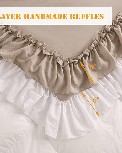 Taupe Ruffled Comforter King Size,Farmhouse Rustic Bedding Shabby Boho Chic Taupe Bedding Vintage Aesthetic Lightweight Fluffy Comforter Set 3 Pieces - LeafyLoom