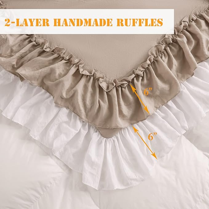 Taupe Ruffled Comforter King Size,Farmhouse Rustic Bedding Shabby Boho Chic Taupe Bedding Vintage Aesthetic Lightweight Fluffy Comforter Set 3 Pieces - LeafyLoom