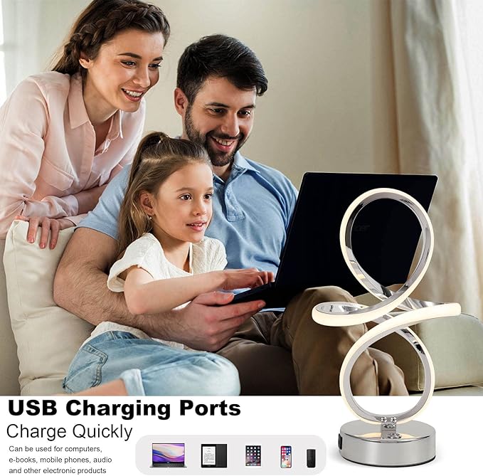 Modern LED Table Lamp, 24W Dimmable Touch Control Desk Lamp Reading Light with 1 USB Charging Ports, 3 Colors, LED Lamp Minimalist Style for Living Room Office Decor Lights - Silver - LeafyLoom