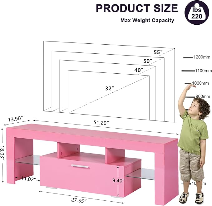 Clikuutory Pink LED TV Stand with Large Storage Drawer for 32 40 50 55 Inch TVs, Modern High gloss TV Console Table with Entertainment Center for Living Room, Bedroom, Pink - LeafyLoom