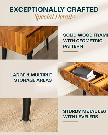 Bme Solid Wood Coffee Table with Storage Drawers & Console Table with Geometric Details, 2 Drawers Each, Brown - LeafyLoom