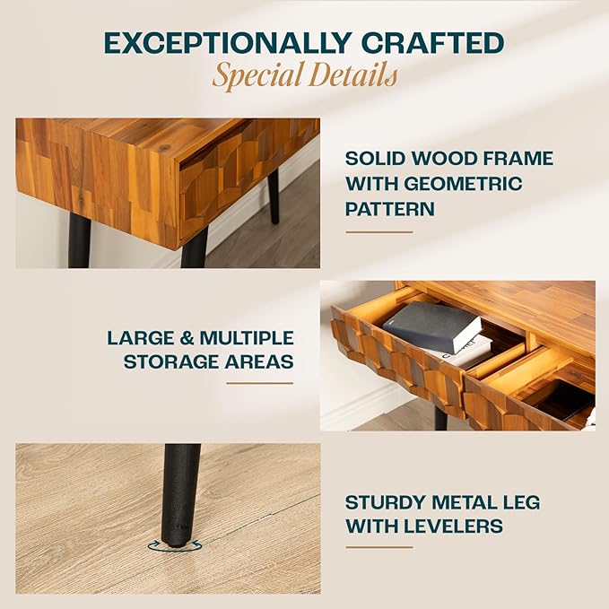 Bme 45 Inch Solid Wood TV Stand and Geometric Pattern 2 Drawer Console Table Bundle for Living Room and Entryway, Teak Brown - LeafyLoom