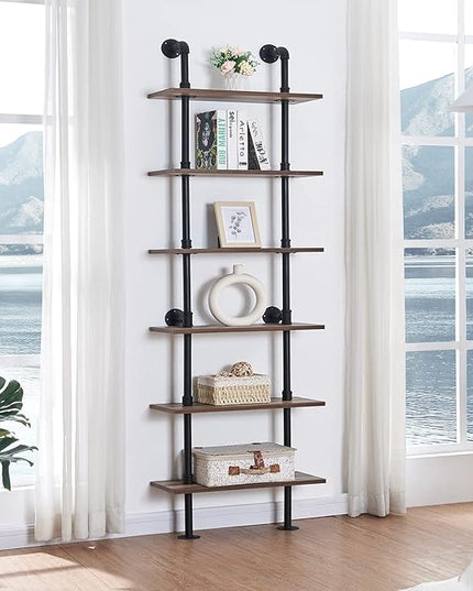 HOMBAZAAR Industrial Bookshelf, 6-Tier Industrial Pipe Bookshelf, Wall Mounted Ladder Shelves with Metal Frame for Home Office, Living Room, Oak Brown - LeafyLoom