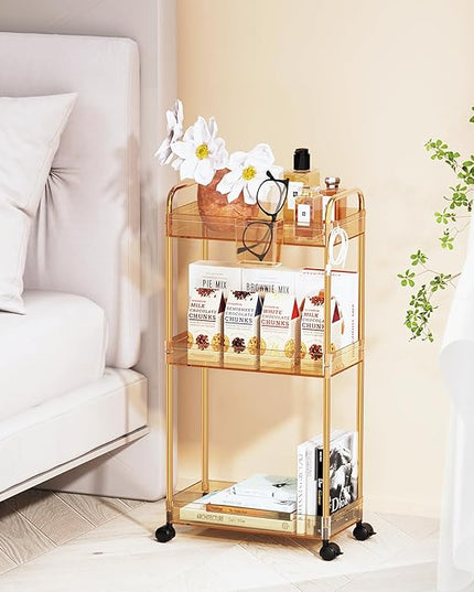 SPACEKEEPER 3 Tier Utility Storage Cart Rolling Bathroom Organizer, Transparency Mobile Shelving Unit Clear Rolling Utility Cart Multifunction, Amber - LeafyLoom