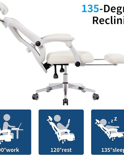 Ergonomic Office Chair with Footrest, Mesh Home Office Desk Chair with Adjustable Lumbar Support and Headrest, Comfortable Gaming Computer Chair for Study Work(Cream) - LeafyLoom