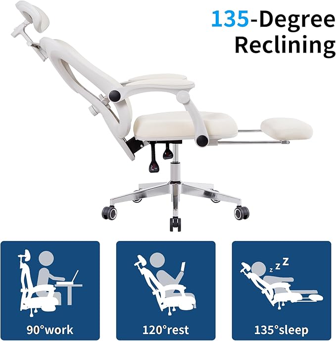 Ergonomic Office Chair with Footrest, Mesh Home Office Desk Chair with Adjustable Lumbar Support and Headrest, Comfortable Gaming Computer Chair for Study Work(Cream) - LeafyLoom