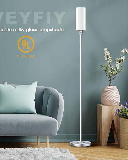 Floor Lamp for Living Room, Glass Lampshade Modern Standing Floor Lamp, 68 Inches Tall with E26 Socket for Office, Bedroom, reading or work - Silver with White Lampshade (Bulb Not Included) - LeafyLoom