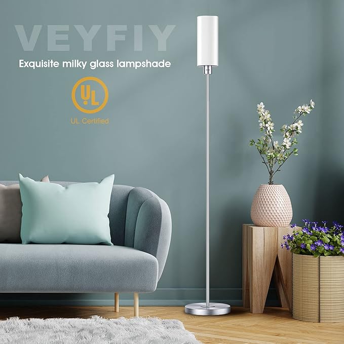 Floor Lamp for Living Room, Glass Lampshade Modern Standing Floor Lamp, 68 Inches Tall with E26 Socket for Office, Bedroom, reading or work - Silver with White Lampshade (Bulb Not Included) - LeafyLoom