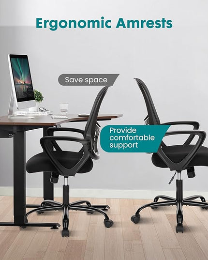 SMUG Office Computer Desk Chair, Ergonomic Mid-Back Mesh Rolling Work Swivel Task Chairs with Wheels, Comfortable Lumbar Support, Comfy Arms for Home, Bedroom, Study, Dorm, Student, Adults, Black - LeafyLoom
