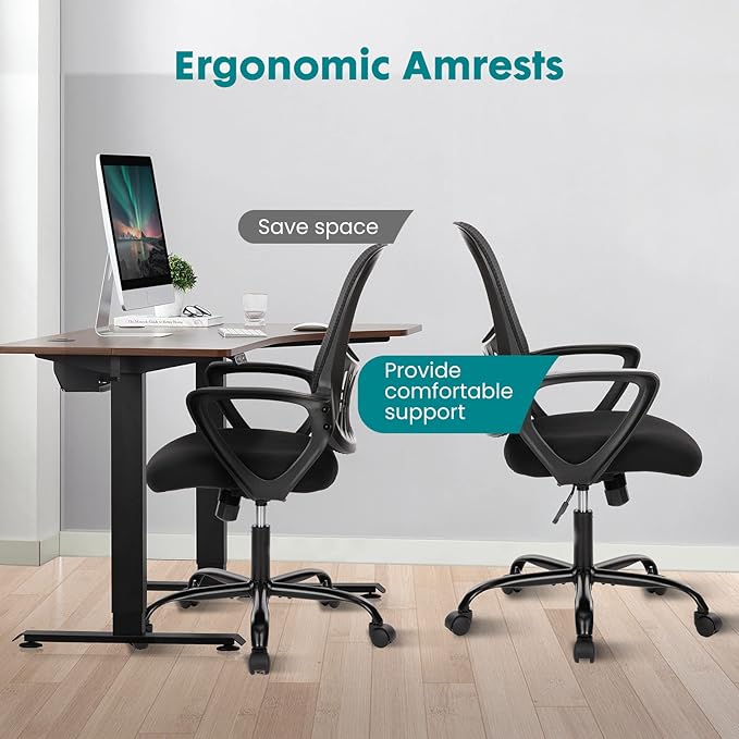 SMUG Office Computer Desk Chair, Ergonomic Mid-Back Mesh Rolling Work Swivel Task Chairs with Wheels, Comfortable Lumbar Support, Comfy Arms for Home, Bedroom, Study, Dorm, Student, Adults, Black - LeafyLoom
