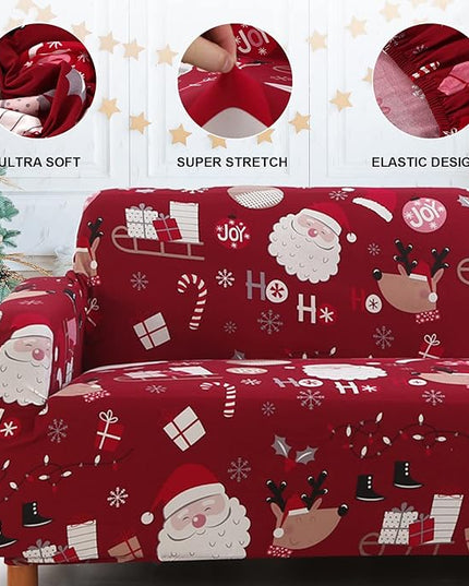Mybedsoul Christmas Sofa Cover Santa Claus Printed Sofa Couch Cover Washable Furniture Protector with Elastic Bottom Xmas Home Room Festival Decoration(3 Seater) Mybedsoul