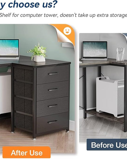 KKL 55 inch L Shaped Computer Desk with USB Charging Port & Power Outlet, L-Shaped Corner Desk with 4 Tier Drawer & Monitor Shelf for Home Office Workstation, Modern Style Writing Table, Black - LeafyLoom