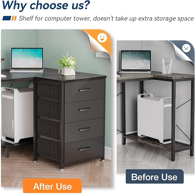 KKL 55 inch L Shaped Computer Desk with USB Charging Port & Power Outlet, L-Shaped Corner Desk with 4 Tier Drawer & Monitor Shelf for Home Office Workstation, Modern Style Writing Table, Black - LeafyLoom