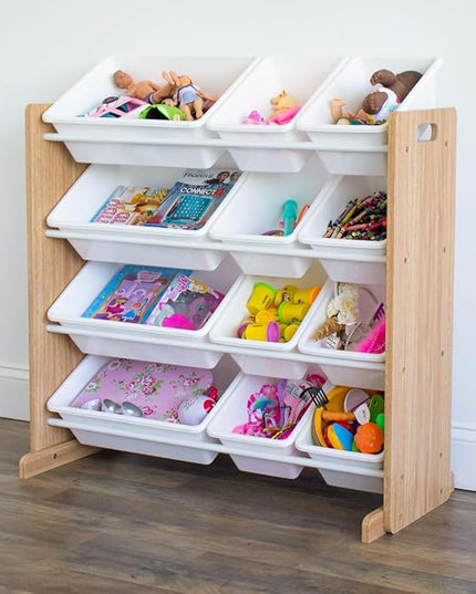 Humble Crew, Natural Wood/White Kids Toy Organizer with 12 Storage Bins - LeafyLoom