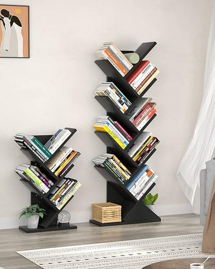 Topfurny Tree Bookshelf, 9-Tier Shelf Rustic Brown Bookcase, Retro Wood Storage Rack for CDs/Movies/Books, Anti-Fall Utility Organizer Shelves for Living Room, Bedroom, Home Office, Black - LeafyLoom