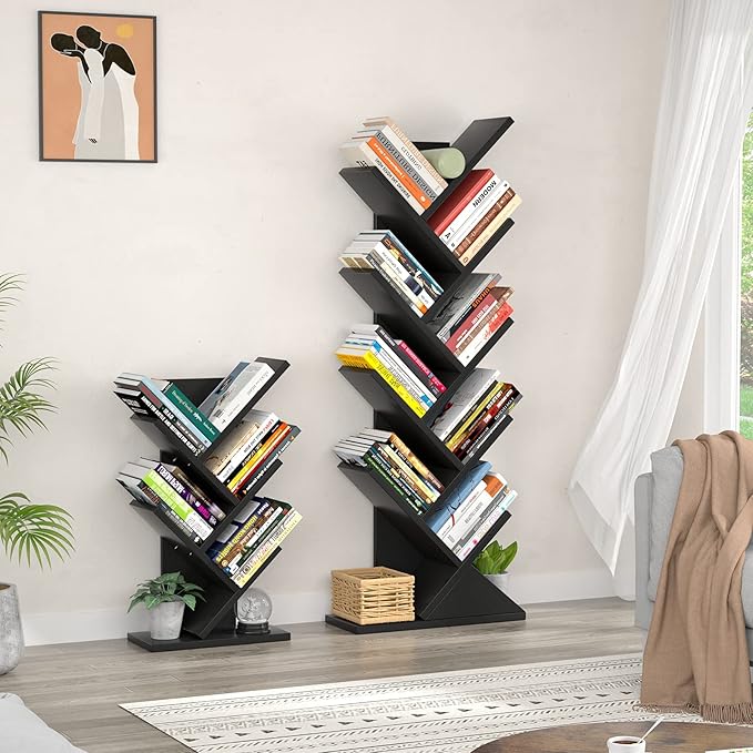 Topfurny Tree Bookshelf, 9-Tier Shelf Rustic Brown Bookcase, Retro Wood Storage Rack for CDs/Movies/Books, Anti-Fall Utility Organizer Shelves for Living Room, Bedroom, Home Office, Black - LeafyLoom