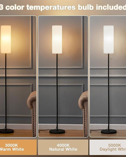 Ambimall Floor Lamp for Living Room with 3 Color Temperatures Bulb, 64" Standing lamp with Linen lampshade for Bedroom, Minimalist Pole Lamp, White Shade & Black Pole - LeafyLoom