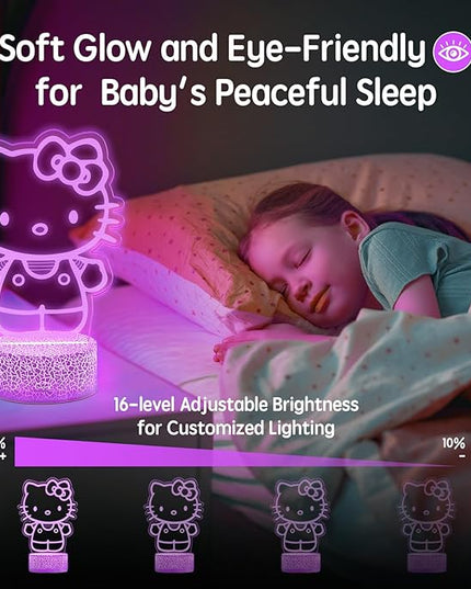 Kitty Night Light Room Decor Gift, Cute Birthday Gifts for Baby Girls Kids, Kitty LED Light for Bedroom Decorations, Kitty Lamp with Remote Control, Dimmer, Timer, RGB Light, 3D Cute Stickers - LeafyLoom