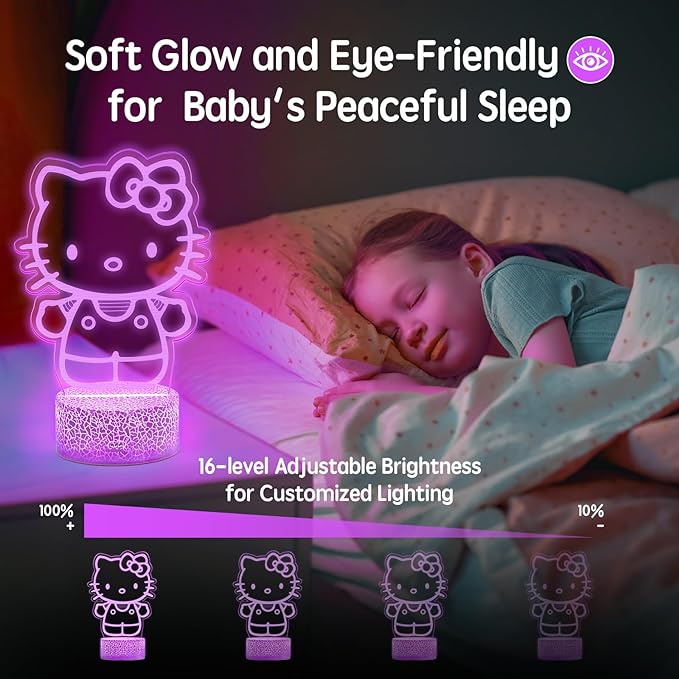 Kitty Night Light Room Decor Gift, Cute Birthday Gifts for Baby Girls Kids, Kitty LED Light for Bedroom Decorations, Kitty Lamp with Remote Control, Dimmer, Timer, RGB Light, 3D Cute Stickers - LeafyLoom