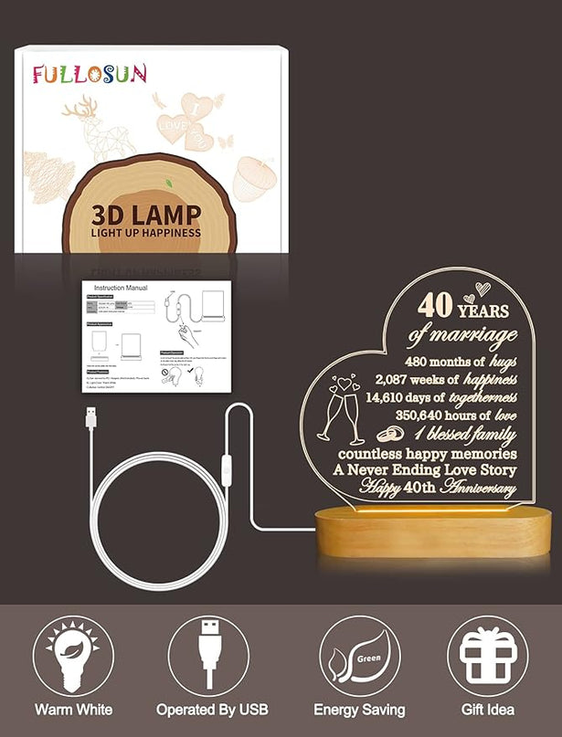 FULLOSUN Anniversary Wedding Gifts for Him/Her, I Love You Night Light 3D Illusion Lamp for Couple Wife Husband Romantic Valentines Wedding Day Present (40th) - LeafyLoom