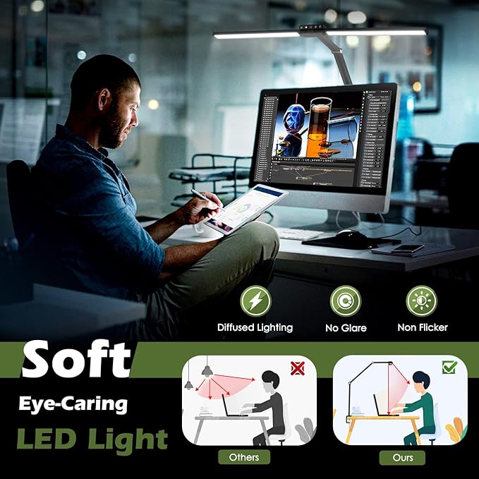 VSATEN LED Desk Lamp for Home Office, 24W Bright Architect Desk Lamp, 5 Modes Double Head Flexible Gooseneck Eye Caring Reading Study Light with Light Sensor Function for Workbench Study Reading - LeafyLoom