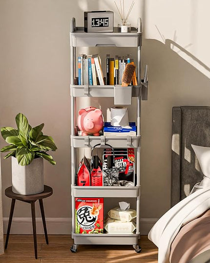 5 Tier Small Rolling Cart Organizer,Bathroom Cart Organizers with Wheels Laundry Room Organization Mobile Shelving Unit Utility Cart Storage Shelves Multi-Functional for Office, Home(Grey) - LeafyLoom