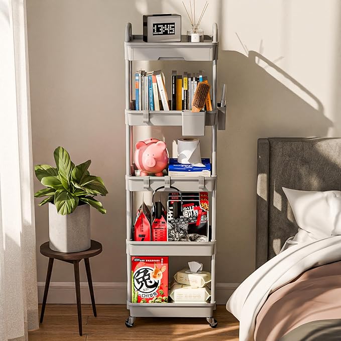 5 Tier Small Rolling Cart Organizer,Bathroom Cart Organizers with Wheels Laundry Room Organization Mobile Shelving Unit Utility Cart Storage Shelves Multi-Functional for Office, Home(Grey) - LeafyLoom