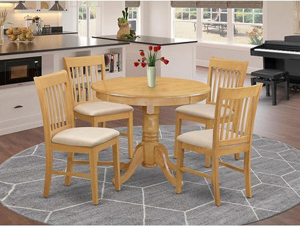 East West Furniture ANNO5-OAK-C 5 Piece Set for 4 Includes a Round Kitchen Table with Pedestal and 4 Linen Fabric Dining Room Chairs, 36x36 Inch - LeafyLoom