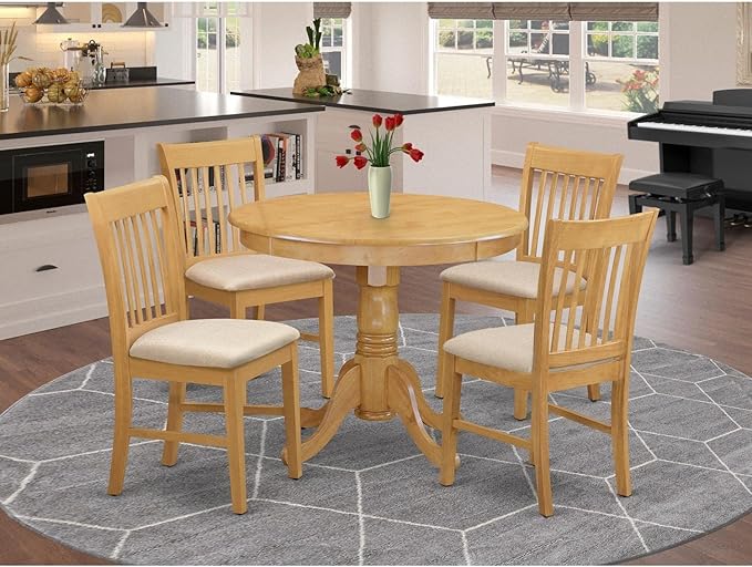 East West Furniture ANNO5-OAK-C 5 Piece Set for 4 Includes a Round Kitchen Table with Pedestal and 4 Linen Fabric Dining Room Chairs, 36x36 Inch - LeafyLoom