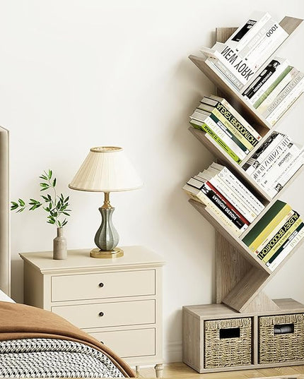 Vagusicc 6 Tier Tree Bookshelf - Retro Shelf Floor Standing Bookcase with Baskets, Tall Wood Book Storage Rack for Books/CDs, Tree Utility Book Organizer Shelves for Living Room, Home Office, Bedroom - LeafyLoom
