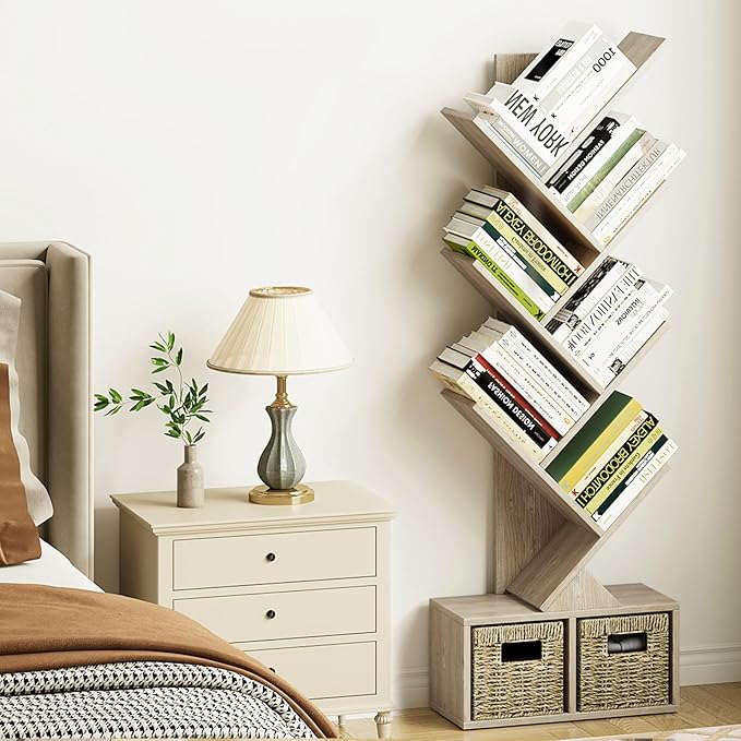 Vagusicc 6 Tier Tree Bookshelf - Retro Shelf Floor Standing Bookcase with Baskets, Tall Wood Book Storage Rack for Books/CDs, Tree Utility Book Organizer Shelves for Living Room, Home Office, Bedroom - LeafyLoom