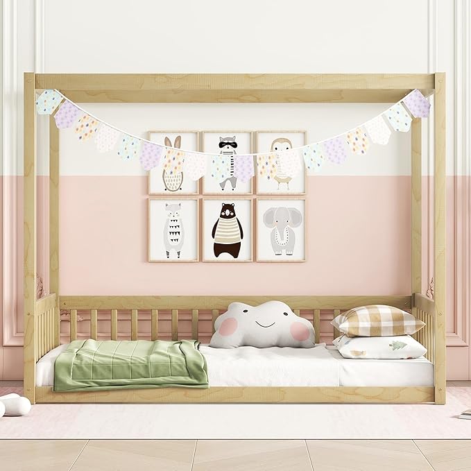 Twin Size Canopy Bed Frame with Guardrails for Kids,Floor Bed Twin with Four Poster Design,Kids Montessori Floor Bed,Wood Canopy Bed Frame for Girls,Boys(Twin,Natural) - LeafyLoom