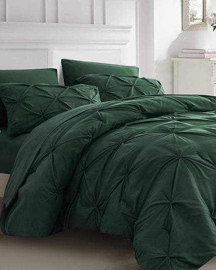 Ubauba 7pc Dark Green Comforter Set Queen Size, Hunter Green Pintuck Bed in a Bag 7 Piece, All Season Emerald Pinched Pleat Bedding Set with Comforter and Sheets (Green,Queen) - LeafyLoom