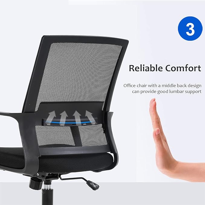 FDW Office Chair Ergonomic Desk Chair Mid-Back Mesh Computer Chair Lumbar Support Comfortable Executive Adjustable Rolling Swivel Task Chair with Armrests,Black - LeafyLoom