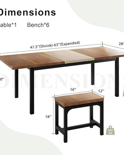 Feonase 7-Piece Dining Table Set with 6 Stools, 63" Large Extendable Kitchen Table Set for 4-8, Mid-Century Dining Room Table with Heavy-Duty Frame, Easy Assembly, Walnut - LeafyLoom