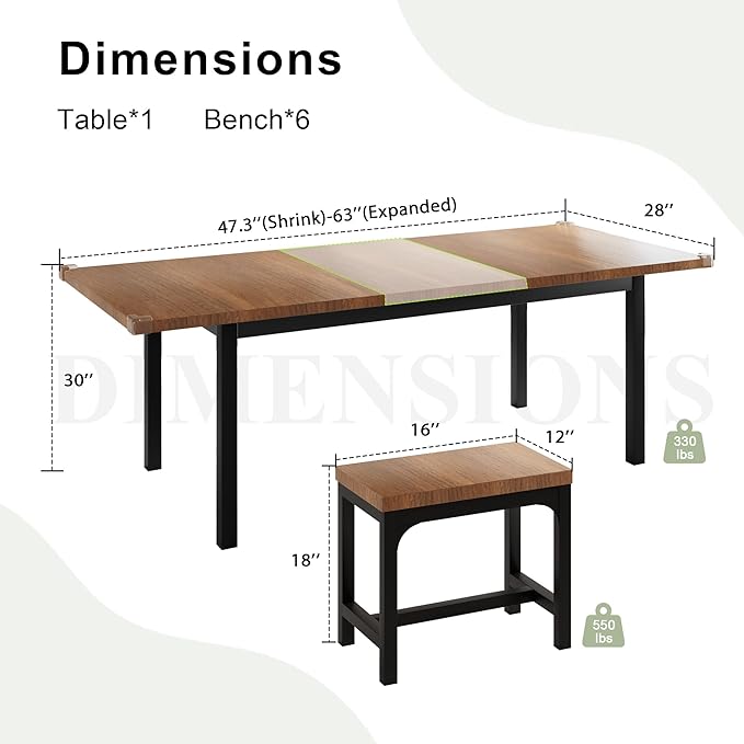 Feonase 7-Piece Dining Table Set with 6 Stools, 63" Large Extendable Kitchen Table Set for 4-8, Mid-Century Dining Room Table with Heavy-Duty Frame, Easy Assembly, Walnut - LeafyLoom