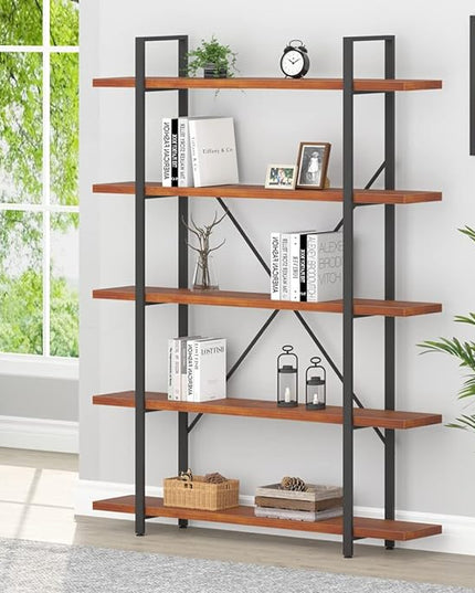 HSH Solid Wood 5 Shelf Bookshelf, Industrial Real Natural Wood Tall Etagere Bookcase, Modern Large Open Wide Big Metal Book Shelf with 5 tier Storage for Bedroom Living Room Home Office, Rustic Brown - LeafyLoom