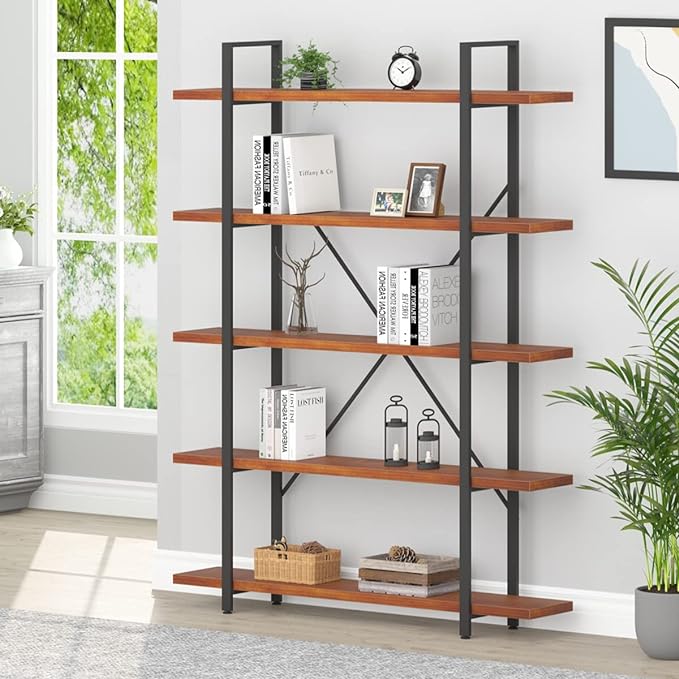HSH Solid Wood 5 Shelf Bookshelf, Industrial Real Natural Wood Tall Etagere Bookcase, Modern Large Open Wide Big Metal Book Shelf with 5 tier Storage for Bedroom Living Room Home Office, Rustic Brown - LeafyLoom