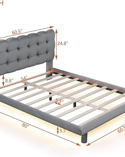 RITSU Full Size Velvet Fabric Platform Bed, Solid Wood Bedframe with LED, Button-Tufted Design Headboard, includes 16 Colors Lights Can Remote Control, No Box Spring Needed, Gray - LeafyLoom