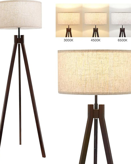 ELYONA Wood Tripod Floor Lamp for Bedroom, 3 Color Temperatures & Linen Shade, Modern Reading Standing Lamp with 9W LED Bulb, Mid Century Night Light for Farmhouse, Living Room, Office, Walnut - LeafyLoom