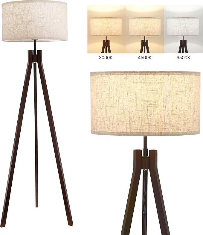 ELYONA Wood Tripod Floor Lamp for Bedroom, 3 Color Temperatures & Linen Shade, Modern Reading Standing Lamp with 9W LED Bulb, Mid Century Night Light for Farmhouse, Living Room, Office, Walnut - LeafyLoom