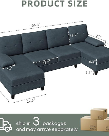 Shintenchi Sectional Couches for Living Room, U Shaped Sofa Couch with Double Chaise, 4-Seat Living Room Furniture Sets with Soft Cushion & Linen Fabric, Dark Grey - LeafyLoom