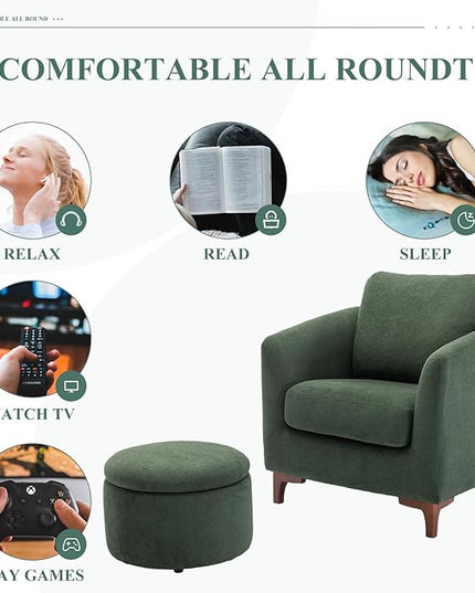 COLAMY Sherpa Accent Chair with Storage Ottoman Set of 2, Upholstered Barrel Arm Chair with Footrest, Modern Living Room Chair with Back Pillow, Green - LeafyLoom