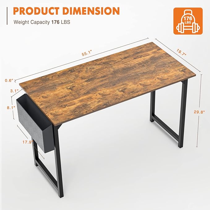 Computer Desk Home Office Desk 55 Inch Writing Desks Small Space Desk Study Table Modern Simple Style Work Table with Storage Bag Headphone Hook Wooden Tabletop Metal Frame for Home, Bedroom - LeafyLoom