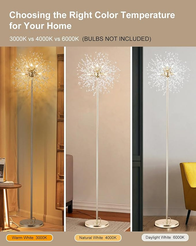 Modern Crystal Floor Lamp (6-Light, 70-Inch, Gold), Standing Lamp with Footswitch, LED Floor Lamp for Living Room, Girls Room, Bedroom, Dresser, Office (Bulbs NOT Included) - LeafyLoom