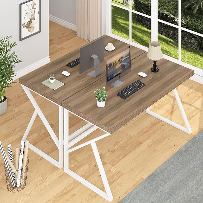 HSH Farmhouse Desk, Modern Home Office Desk, Student Desk for Bedroom Computer Table, Rustic Wood and Metal PC Laptop Computer Desk, Simple Writing Study Gaming Desk Executive Workstation, 55 Inch - LeafyLoom