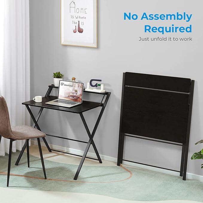 GreenForest Folding Desk No Assembly Required Large Size, 2-Tier Foldable Computer Desk with Shelf for Home Office, Space Saving Portable Laptop Study Foldable Table for Bedroom, Black - LeafyLoom