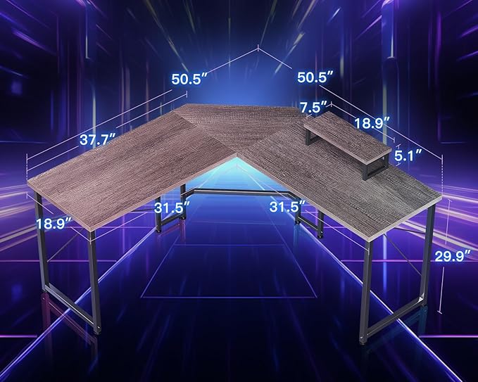 Casaottima L Shaped Gaming Desk with Monitor Stand, Corner Desk Gaming Table for Home Office, Computer Desk Sturdy Writing Workstation for Small Space, 51 inch, Grey Oak - LeafyLoom